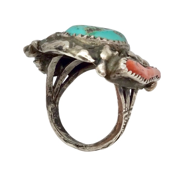 Sz 7, Vintage Ring, Turquoise Coral Sterling Silver Statement Ring - Picture 3 of 16